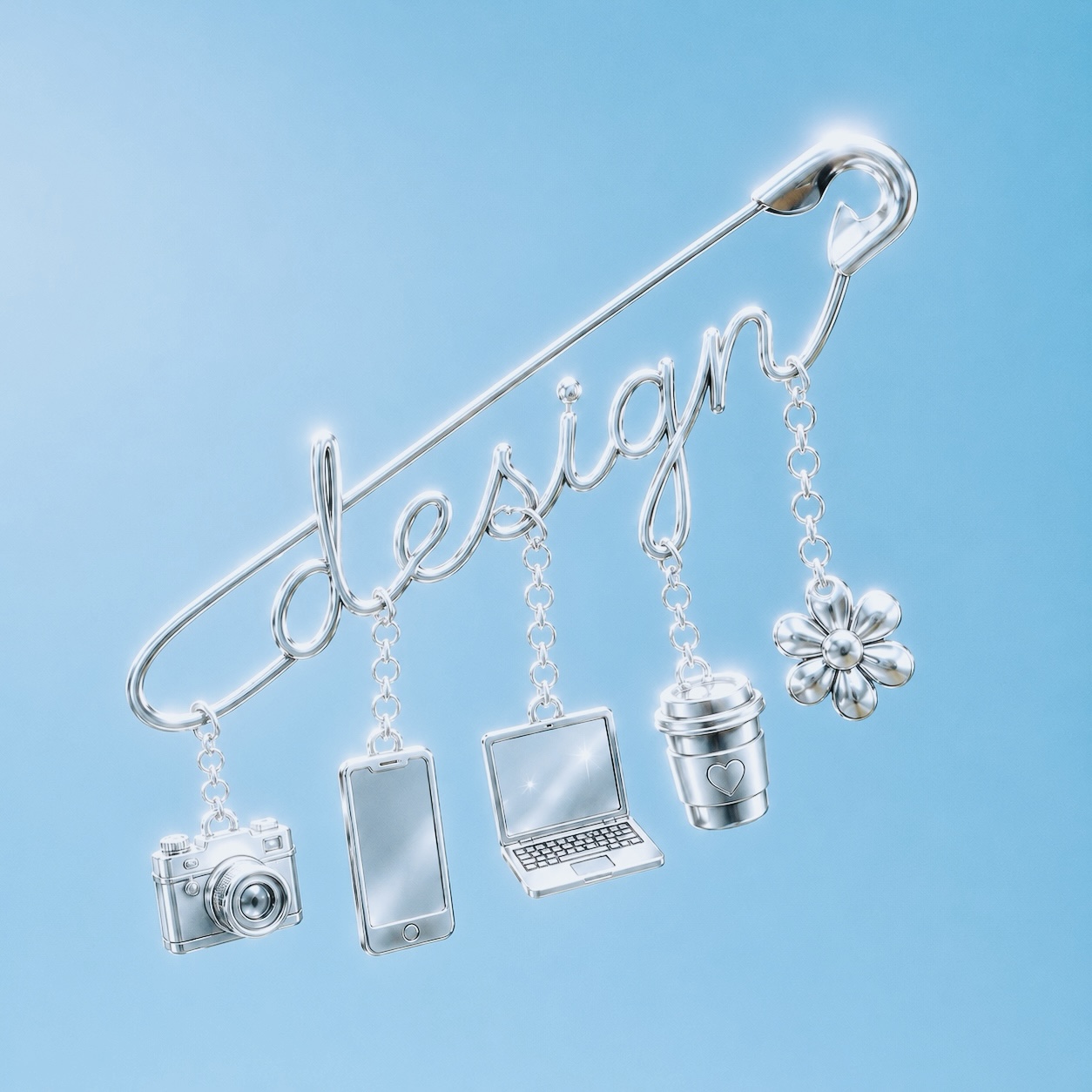 Album cover: a chrome safety pin spelling 'design' with charms